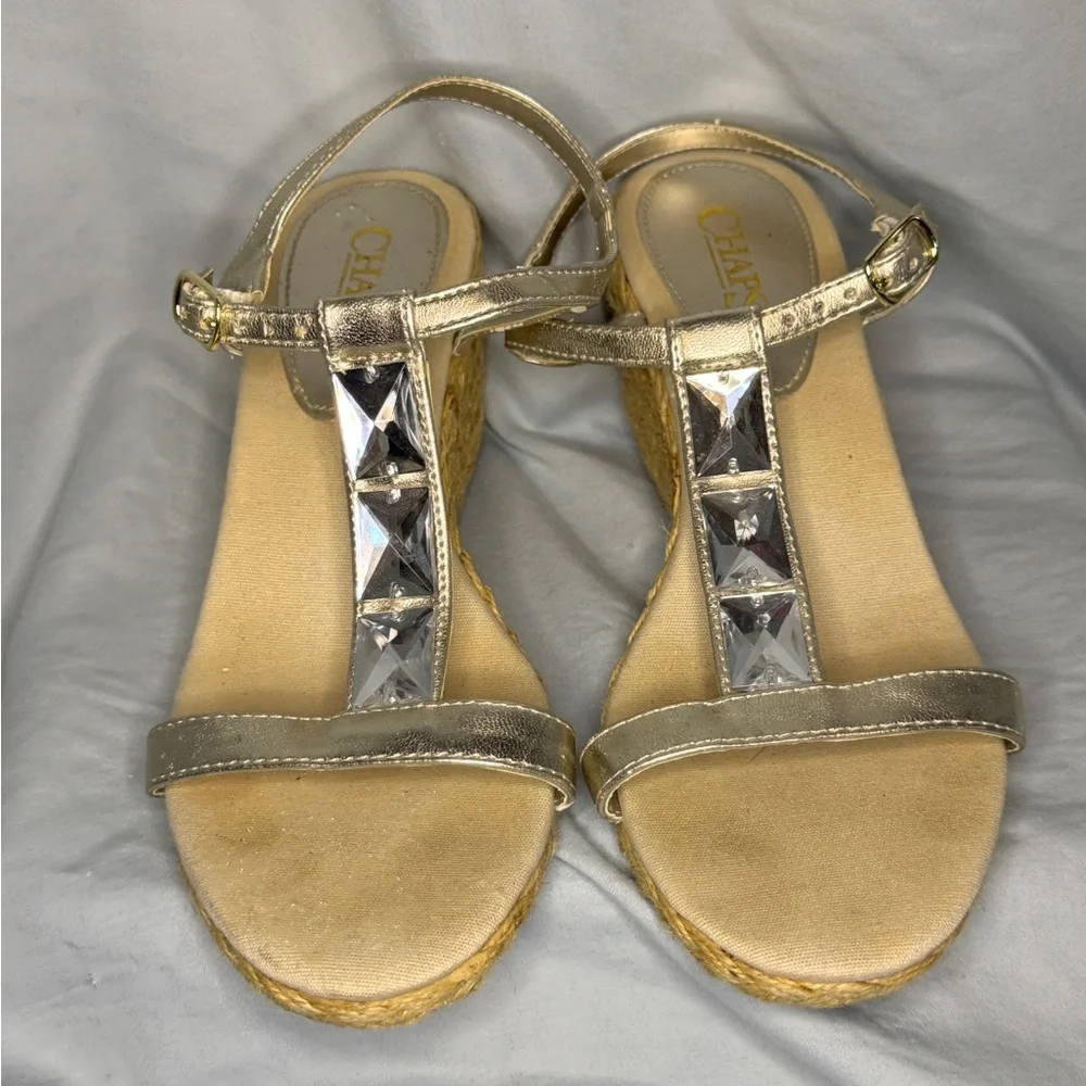 Chaps Gold Espadrille Wedge Sandals Rhinestone Strap Size 8.5